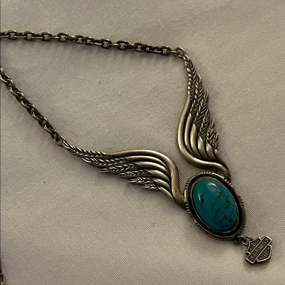 MOD Harley-Davidson Sterling winged necklace, w/ turquoise + Bar & Shield charm